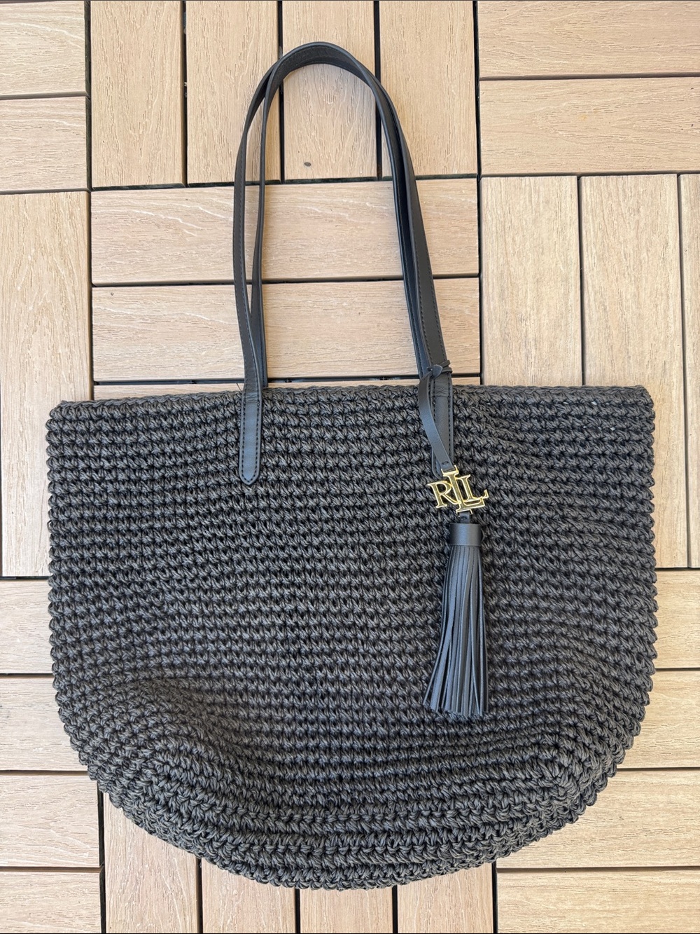 Lauren Ralph Lauren black Crochet straw Whitney tote "RL" monogram tassel charm - Picture 3 of 10